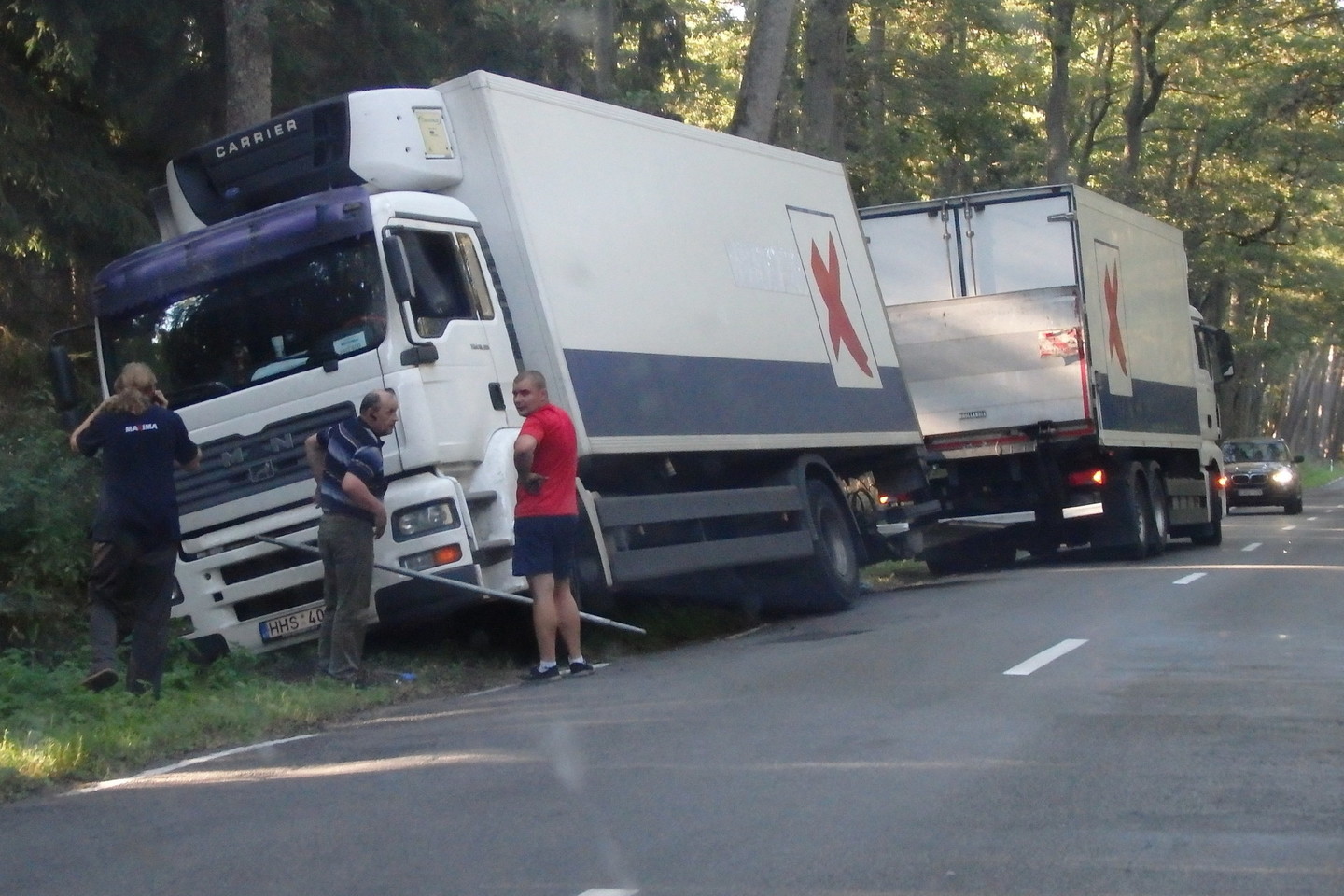 Pareigūnai aiškinasi, kodėl vilkikas su prekėmis nuriedėjo į griovį.
