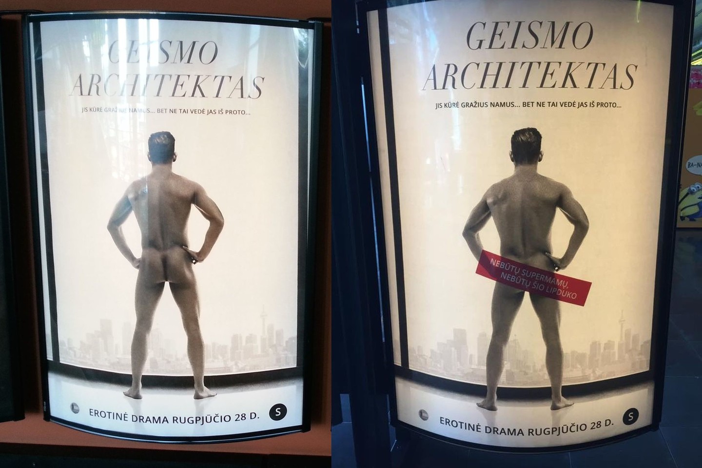 „Geismo architekto“ plakatas iki mamos skundo ir po jo.