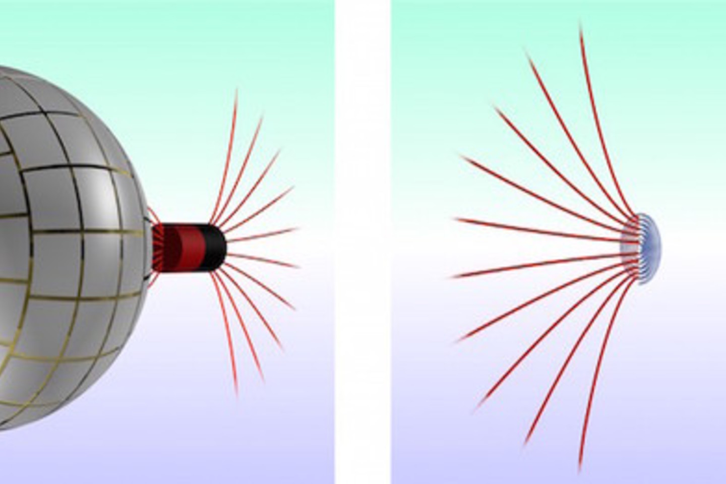 Naujas įrenginys gali paslėpti magnetinį lauką taip, kad iš išorės jis tampa neaptinkamas. Iliustracijoje rodoma, kaip veikia kirmgrauža.<br>J.Prato-Campso iliustr.