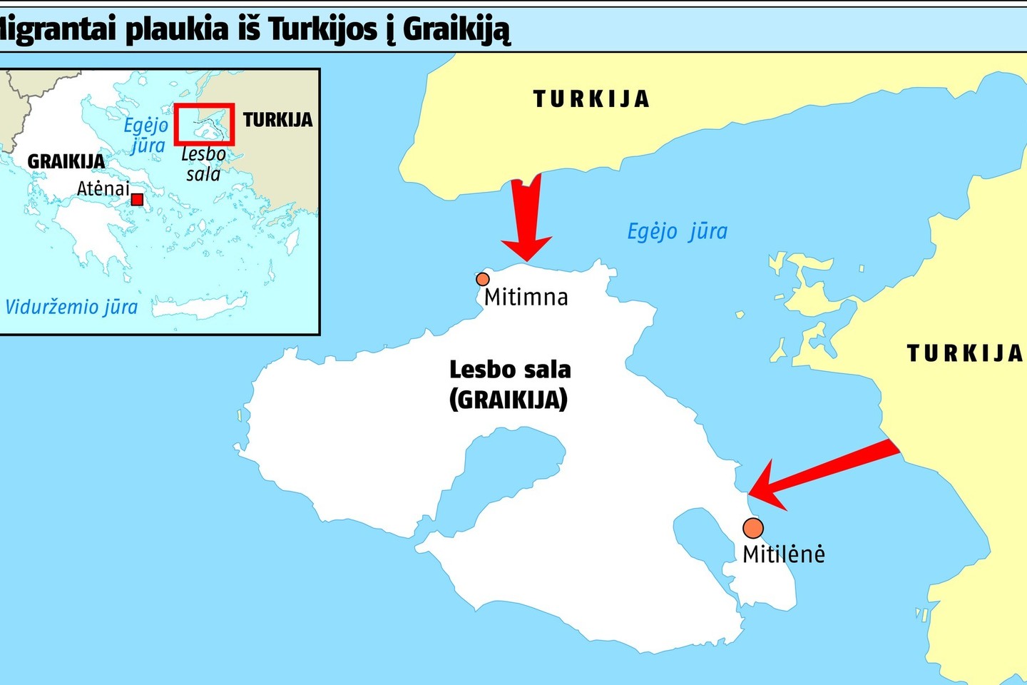 Migrantai stengiasi pasiekti šiaurinę arba rytinę Lesbo salos pakrantę.<br>Dienraščio „Lietuvos rytas“ žemėlapis