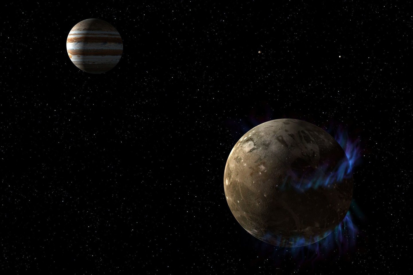 Po Jupiterio palydovo Ganimedo paviršiumi tūno gilus, sūrus vandenynas, kuris dar ir gali būti tinkamas gyvybei. NASA duomenimis, šio vandenyno gylis gali siekti net 60 mylių (96,5 km).<br>NASA nuotr.