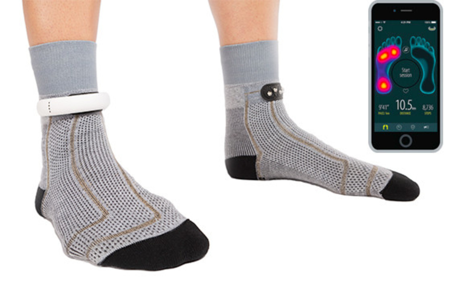 Kojinės „Fitness Socks“ fiksuoja duomenis apie dėvinčiojo sveikatą ir sportavimo įpročius.<br>Kadras iš „YouTube“