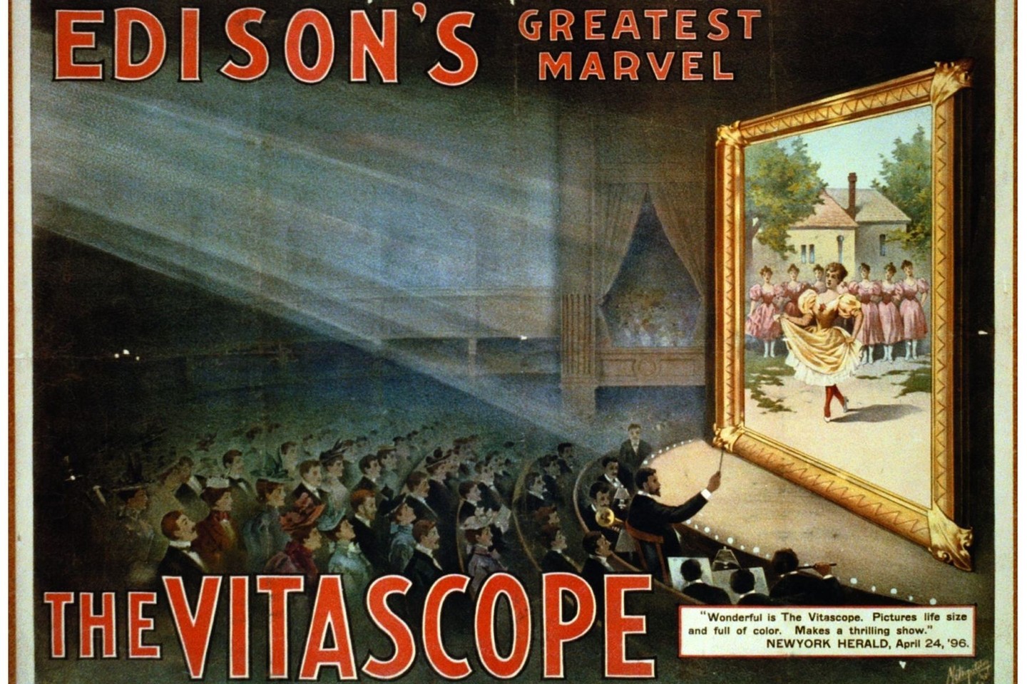 Th.A.Edisono prietaiso „vitascope“ pristatymo afiša, apie 1896 m.<br>JAV Kongreso bibliotekos nuotr.