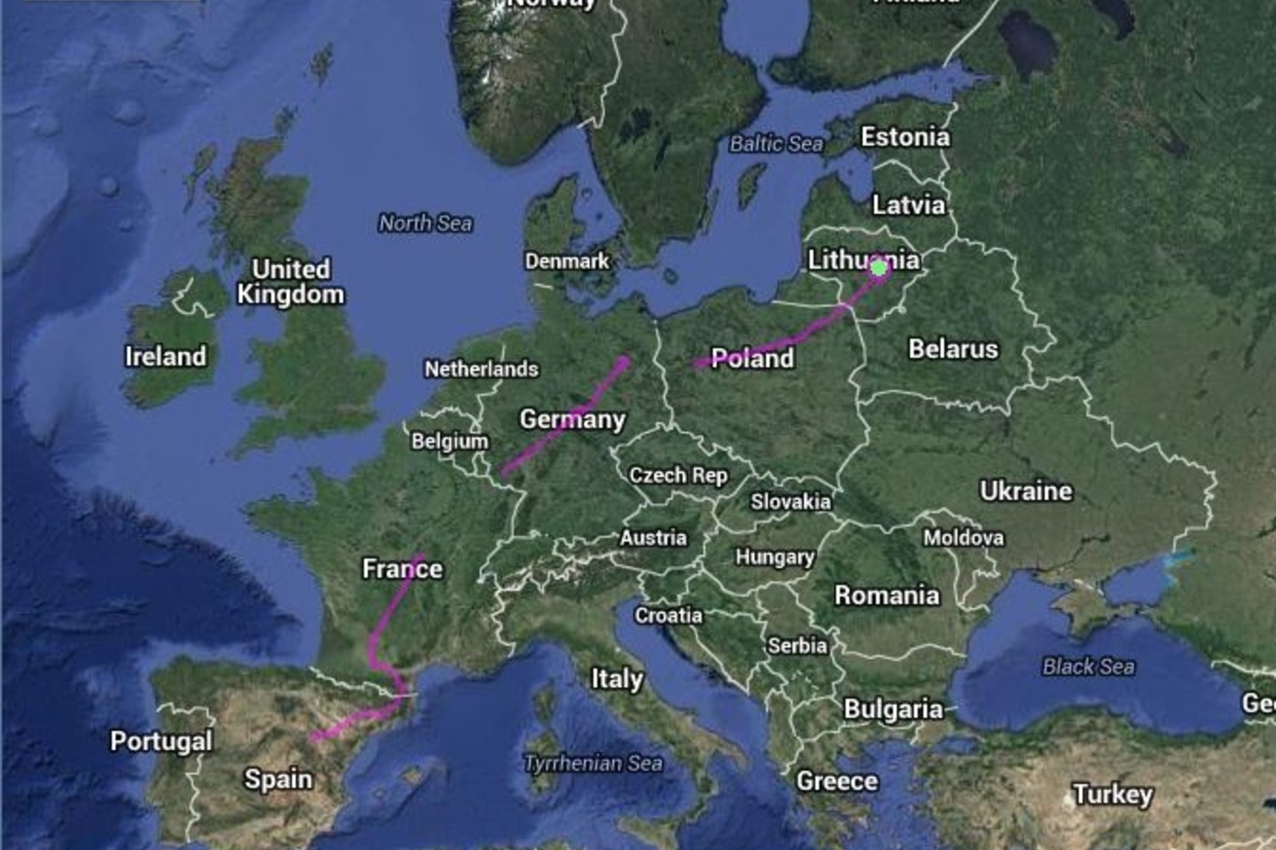 Gervės kelionė per Europą.<br>www.movebank.org/maps.google.com
