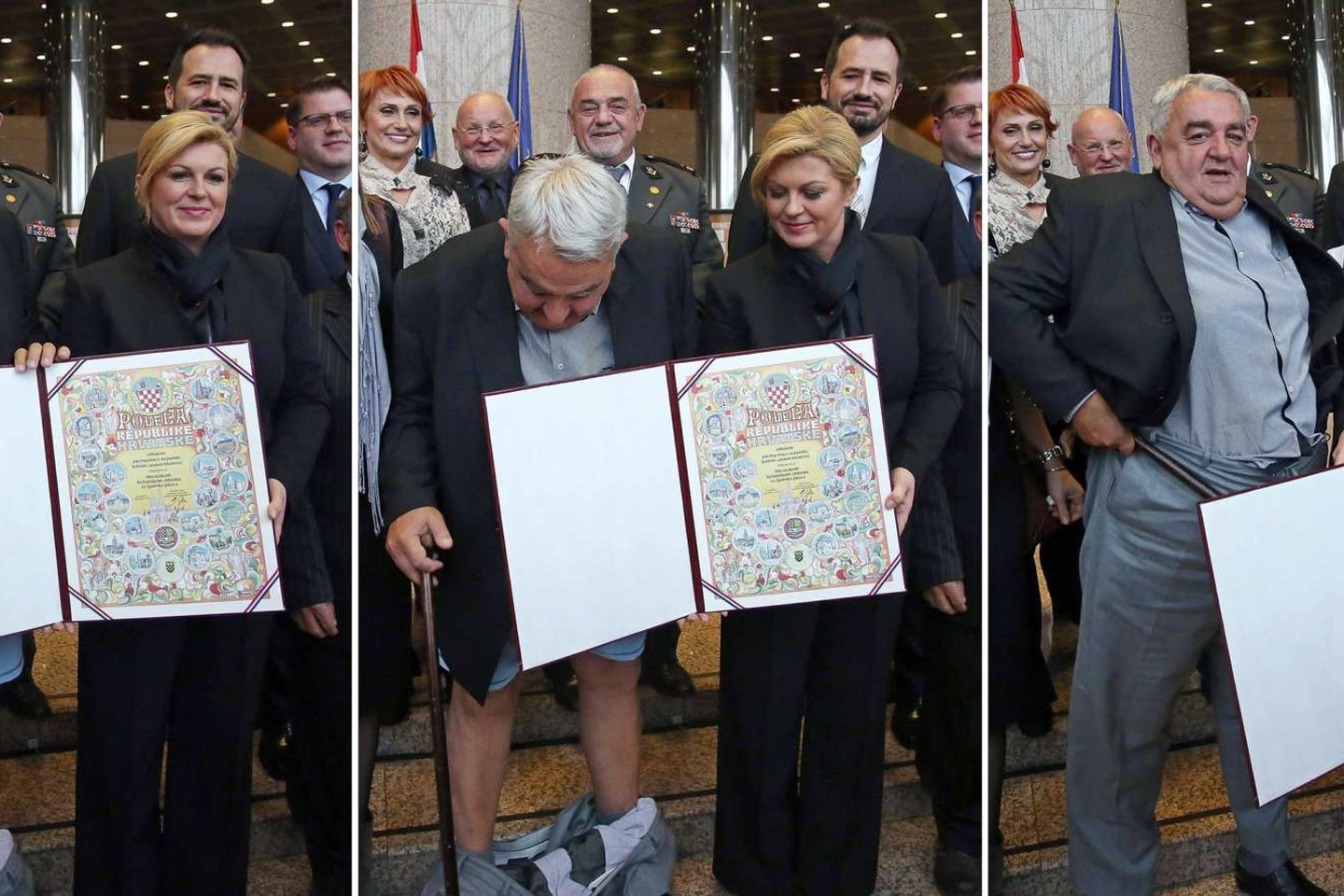 Kroatijos pagrindinės žmogaus teisių organizacijos vadovas antradienį pateko į itin apmaudžią padėtį, kai jo kelnės nusmuko fotografuojantis su prezidente Kolinda Grabar-Kitarovič.<br>AFP/ Scanpix nuotr.