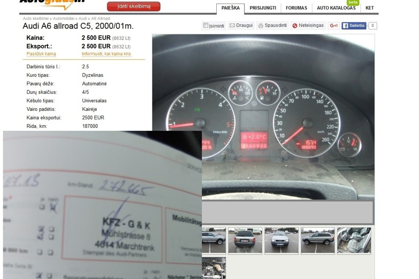Naudotos „Audi“ pardavėjas išsidavė, kad rida atsukta.<br>Ekrano nuotr.