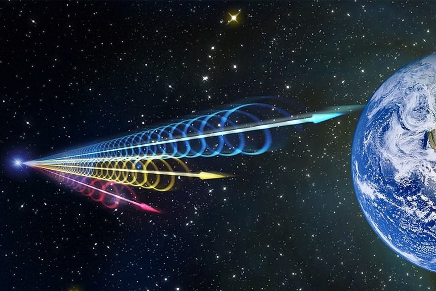 Tikroji greitųjų radijo bangų pliūpsnių (FRB) kilmė mokslininkams išlieka mįslė.<br>Jingchuan Yu / Pekino planetariumo iliustr.