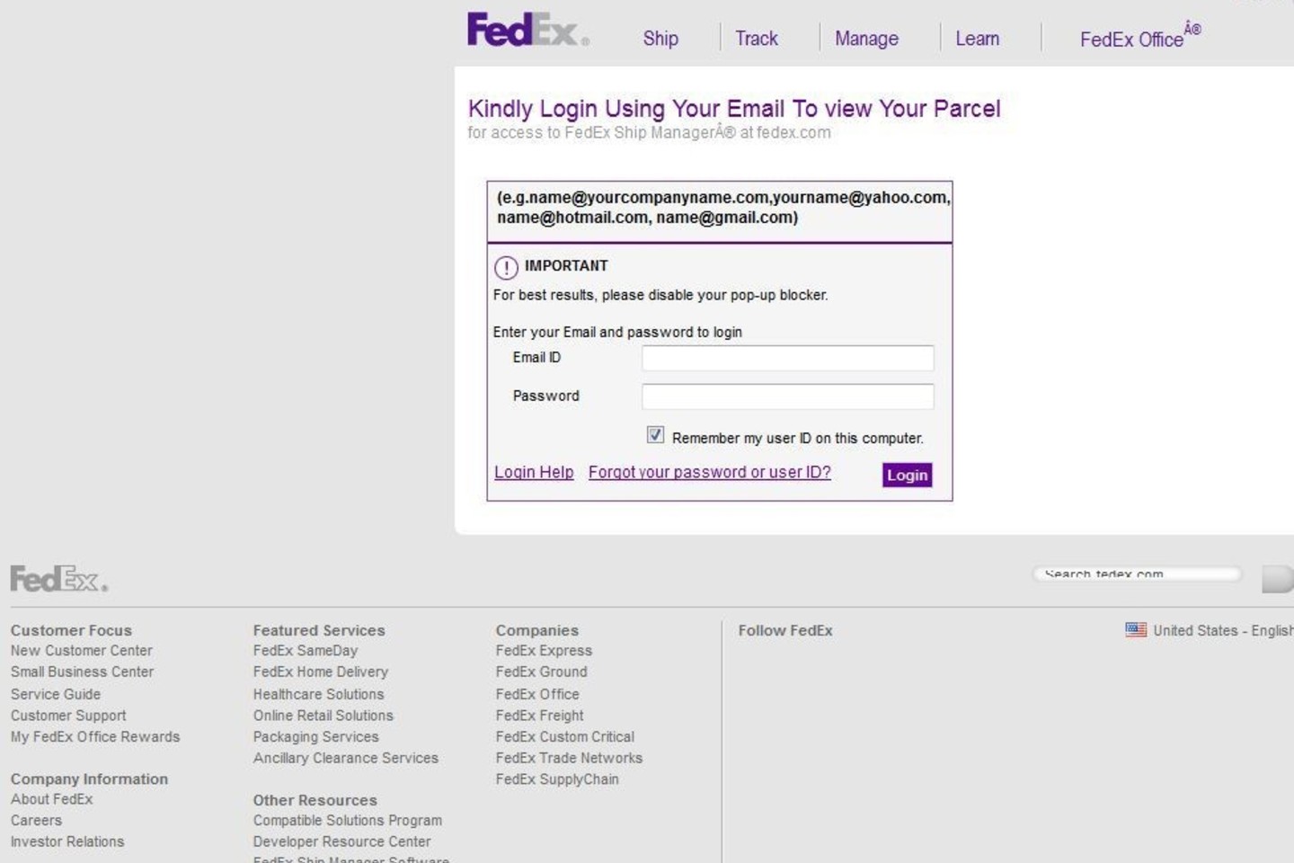 Sukčių sukurtas fiktyvus tinklalapis, apsimetantis „FedEx“ svetaine.