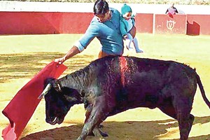 Ispanas matadoras prieš bulių stojo su kūdikiu glėbyje