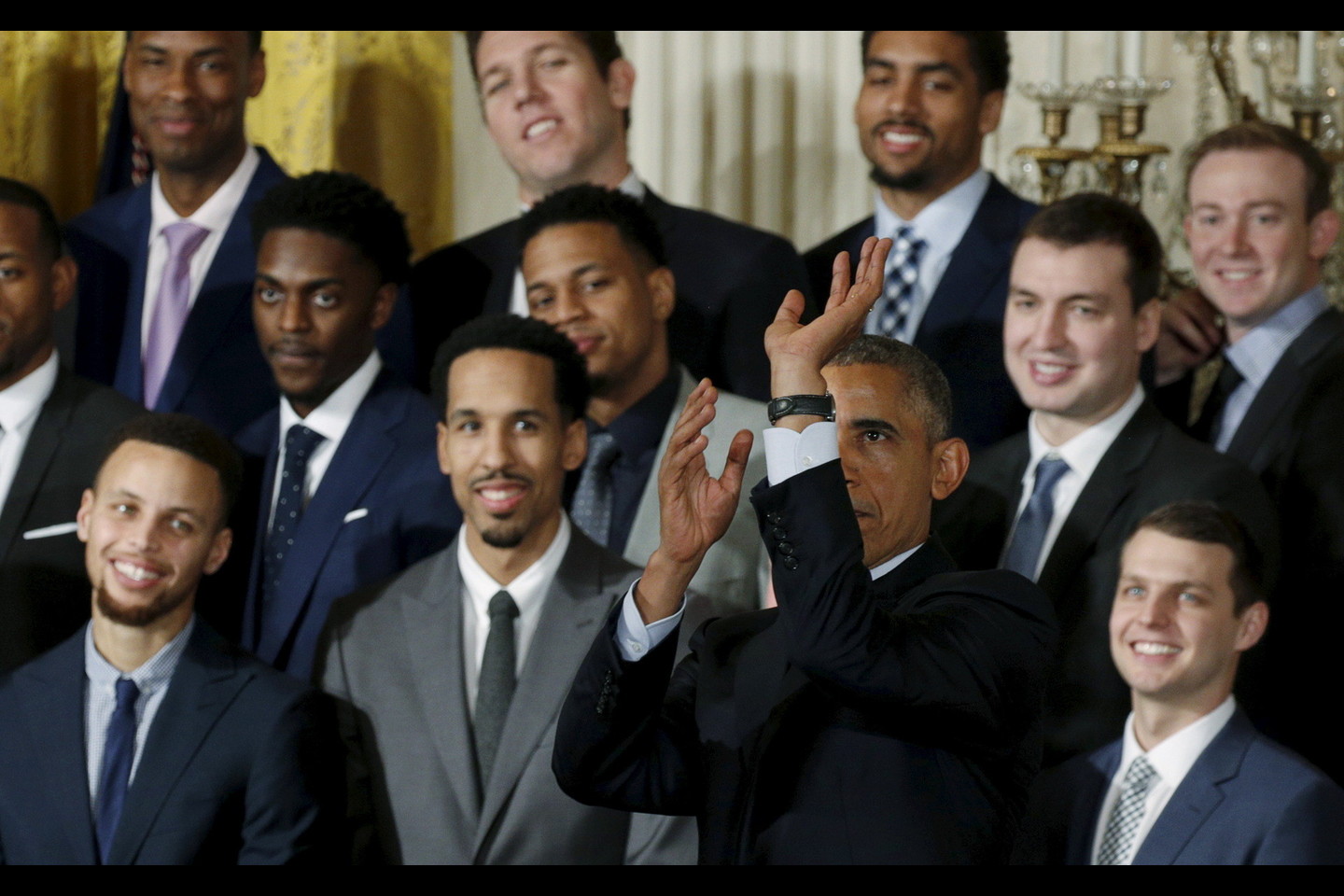 B.Obama susitiko su NBA čempionais.<br>Reuters/Scanpix nuotr.