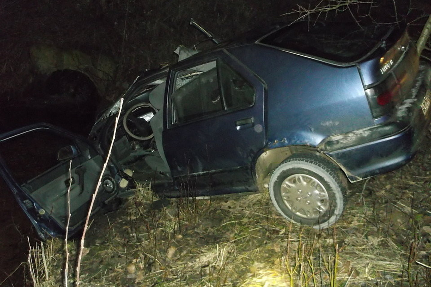 Veprių miestelio link 1993 metais pagamintu „Renault 19“ važiuojantis M.Ivanovas nulėkė nuo kelio, trenkėsi į medį ir apvirto.<br>Ukmergės policijos nuotr.