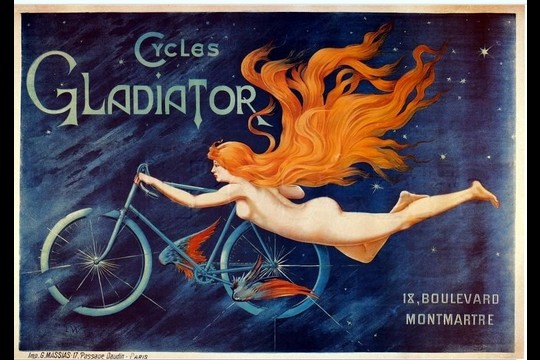 Taip buvo reklamuojami dviračiai „Gladiator“.<br>Nacionalinės Prancūzijos bibliotekos nuotr.