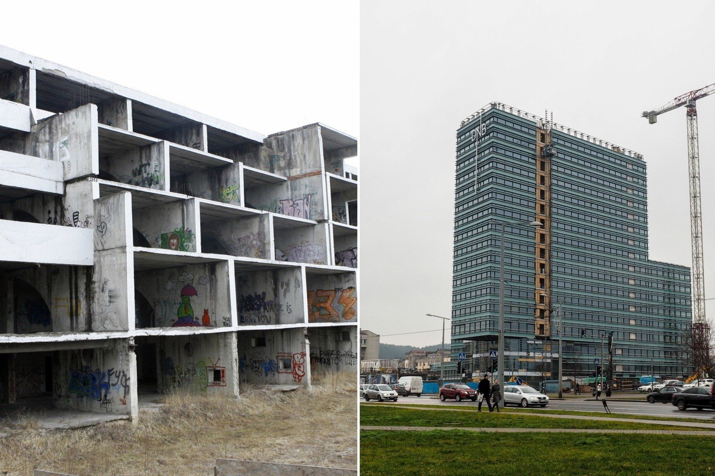 Vietoj pastato vaiduoklio, sparčiai dygsta modernus „Quadrum“ verslo centras.<br>T.Bauro/ V.Ščiavinsko nuotr.