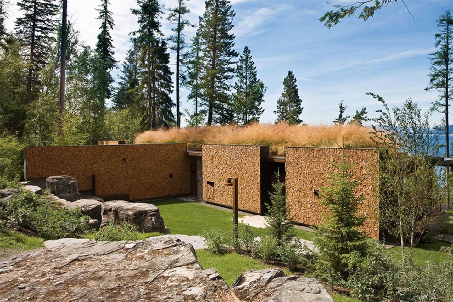 Žolė ant šio namo stogo JAV kartu su dirvos sluoksniu ne tik tarnauja dangos šilumos ir triukšmo izoliacijai, bet ir padeda neįprastam statiniui susilieti su nuostabiu gamtovaizdžiu.<br>„Art Gray“ nuotr.