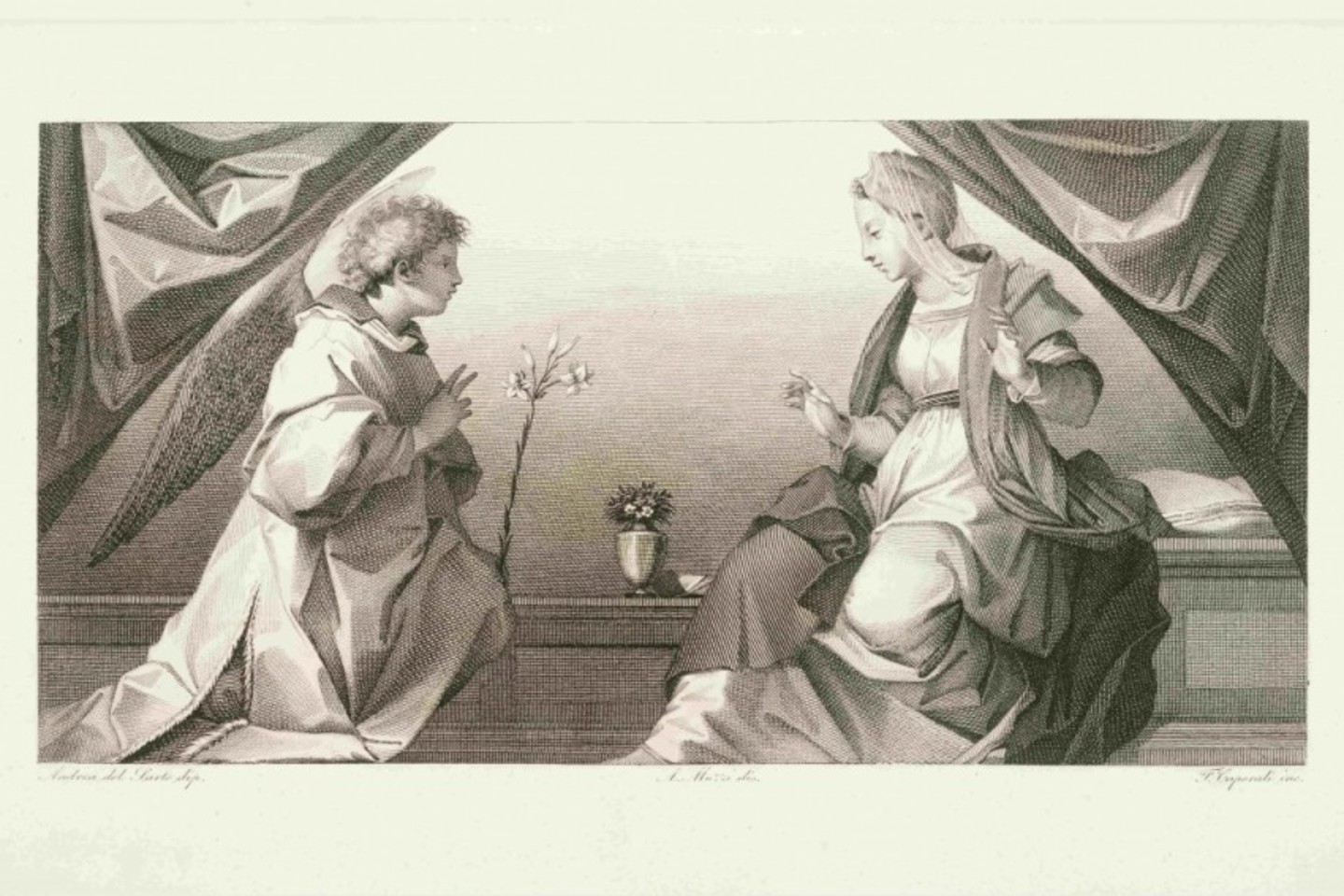 Apreiškimas Švč. Mergelei Marijai. Pagal Andrėjos del Sarto (1486–1531) paveikslą. Dailininkas Antonijus Mucis (1815–1894), raižytojas F. Kaporalis.