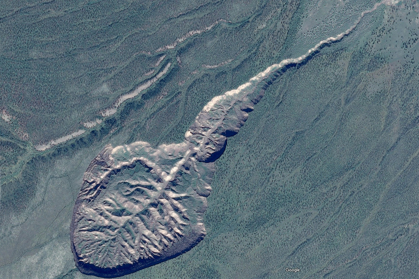 Net iš palydovo daryta Batagaikos įgriūvos nuotrauka atrodo įspūdingai. Mokslininkai tiki, kad ji nebegilės, bet platės dar net nežinia kiek.<br>„Google Earth“ nuotr.