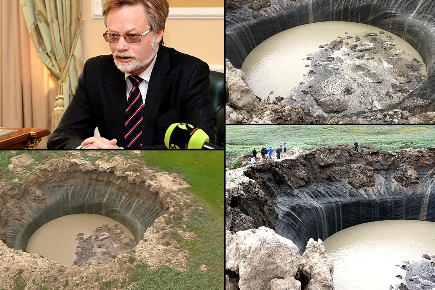 Profesorius Vasilijus Bogojavlenskis (viršuje kairėj) tyrinėjo įspūdingą Jamalo kraterį B-1.<br>Jamalo Nencų autonominės apygardos gubernatoriaus spaudos tarnybos nuotr.