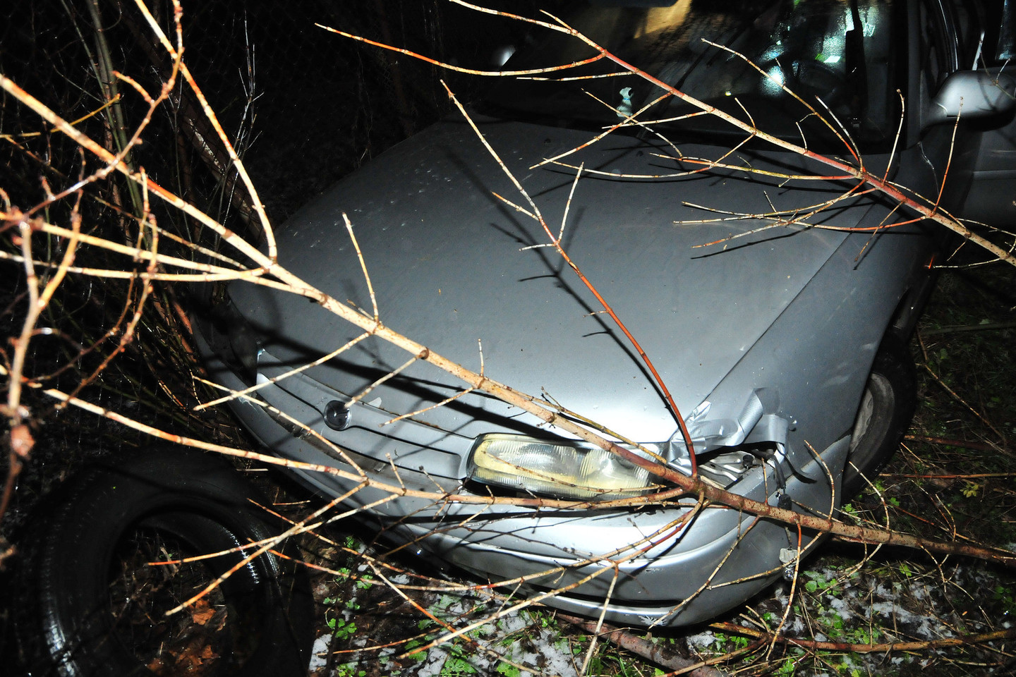 Bėglių automobilis nuvažiavo nuo kelio.