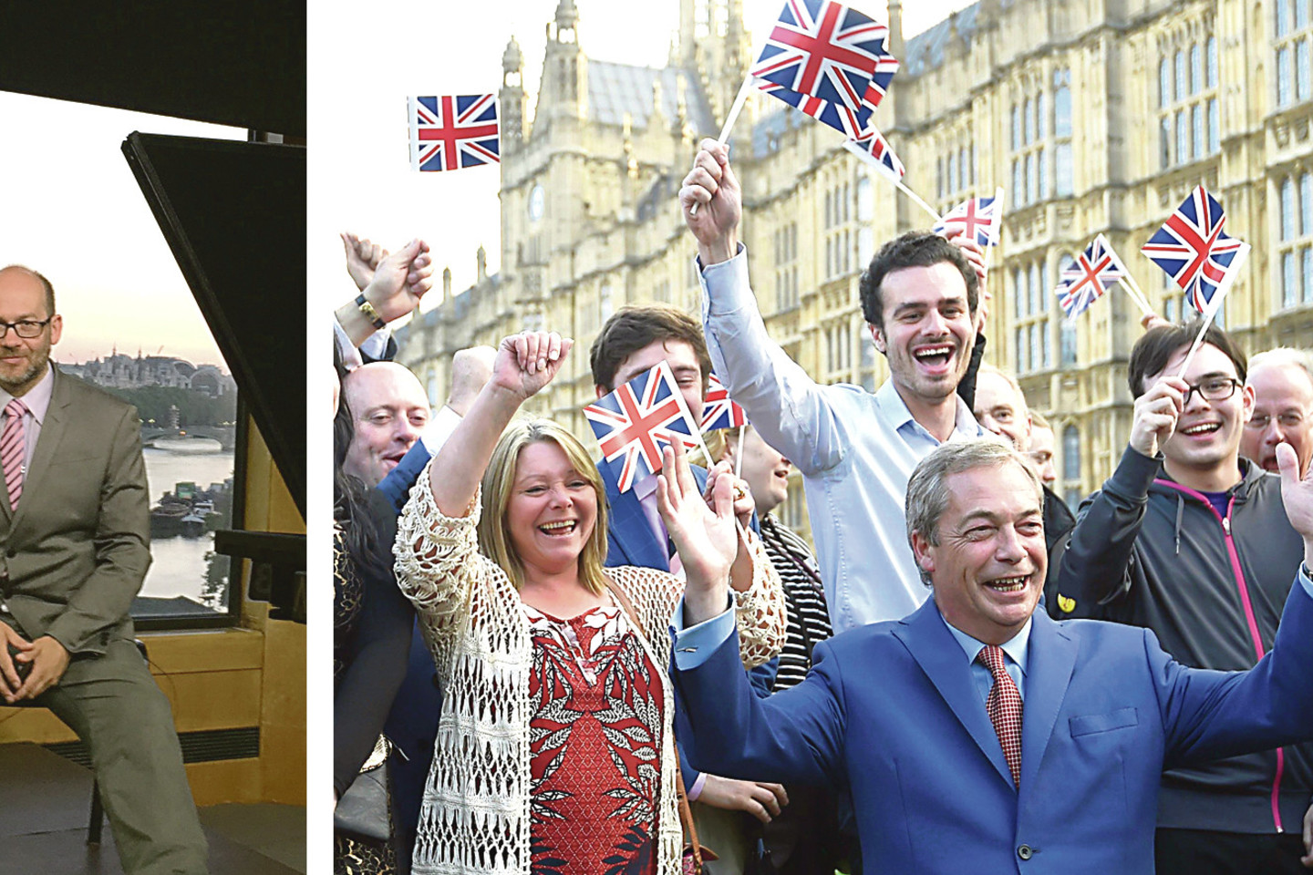 Korespondentu Londone 24 metus dirbantis V.Rudavičius (nuotr. kairėje) nesitikėjo, kad laimės euroskeptikų stovykla. Tokiu rezultatu ypač džiaugėsi UKIP lyderis N.Farage'as, kuris buvo vienas pagrindinių referendumo iniciatorių.<br>Nuotr. iš asmeninio archyvo