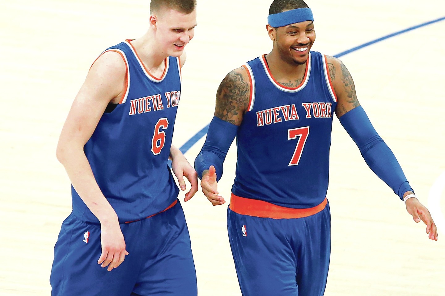 M.Kuzminsko bendražygiai Niujorke bus K.Porzingis (kairėje) ir C.Anthony.<br>„USA Today“/„Scanpix“ nuotr.