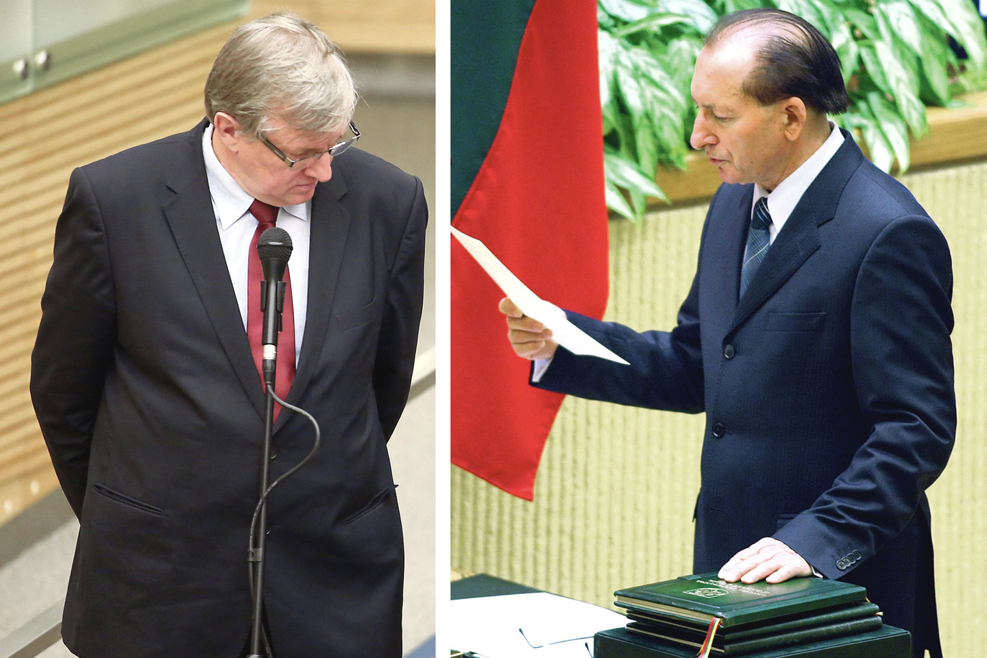 Kalbėjimo čempioną konservatorių R.Dagį (kairėje) galima buvo dažnai pamatyti prie mikrofono, o Lietuvos lenkų atstovas J.Kvetkovskis bene daugiausia žodžių per visą kadenciją posėdžių salėje ištarė 2012 metais skaitydamas priesaiką.<br>R.Danisevičiaus nuotr.