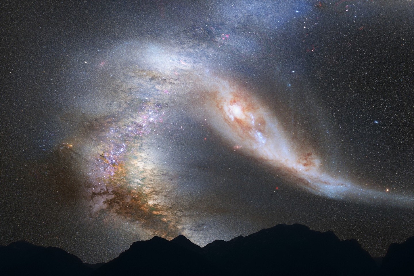 Pranašaujamas Paukščių Tako ir Andromedos galaktikų susidūrimas gali įvykti greičiau nei tikimasi. Maža to, šios galaktikos anksčiau jau galėjo patirti kažką panašaus.<br>Reuters/Scanpix nuotr.