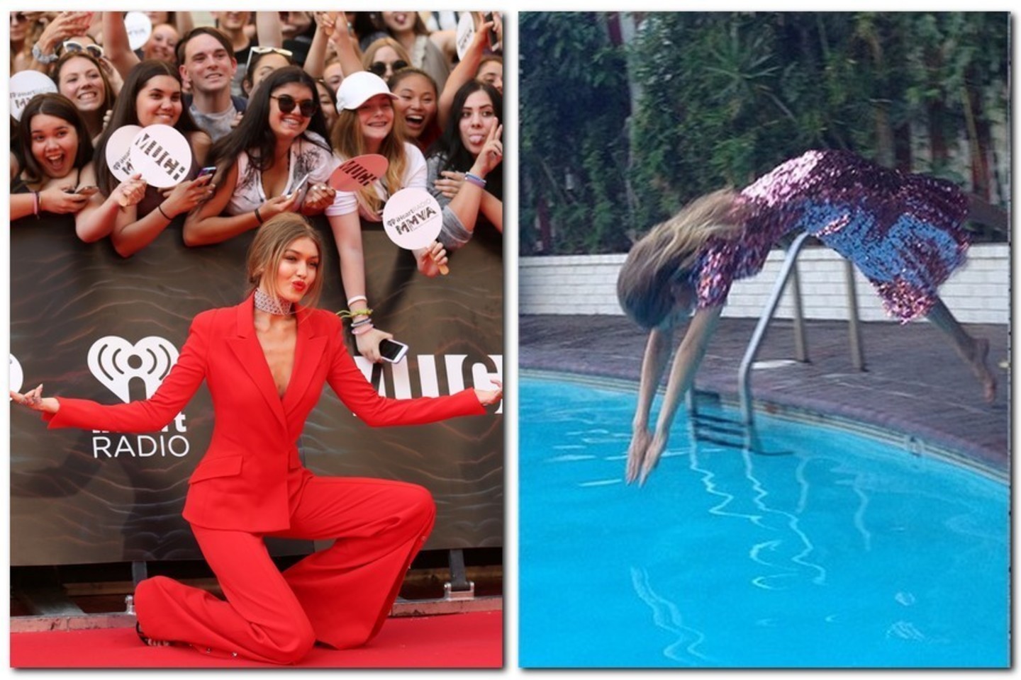 Gigi Hadid turi daug gerbėjų – juos žavi modelio stilius tiek ant podiumo, tiek gyvenime. Nuotr.dešinėje – neria į baseiną su brangia suknele.<br>Scanpix/ViDA Press nuotr.