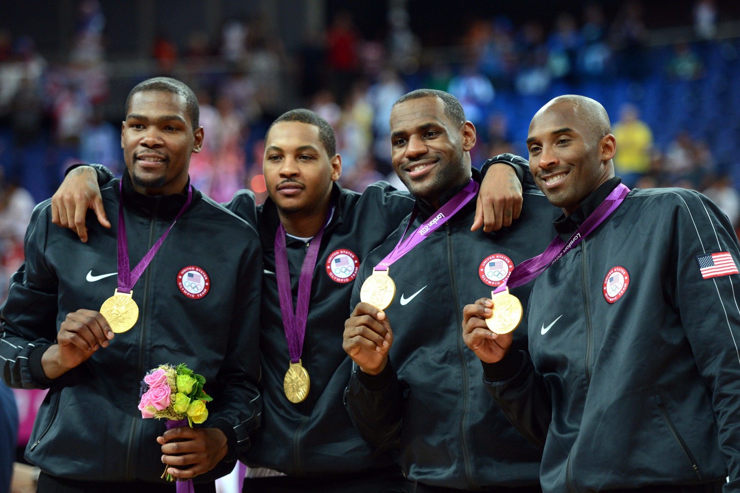 JAV rinktinė per Londono žaidynes: K.Durantas, C.Anthony, L.Jamesas ir K.Bryantas.<br>AFP/Scanpix nuotr.