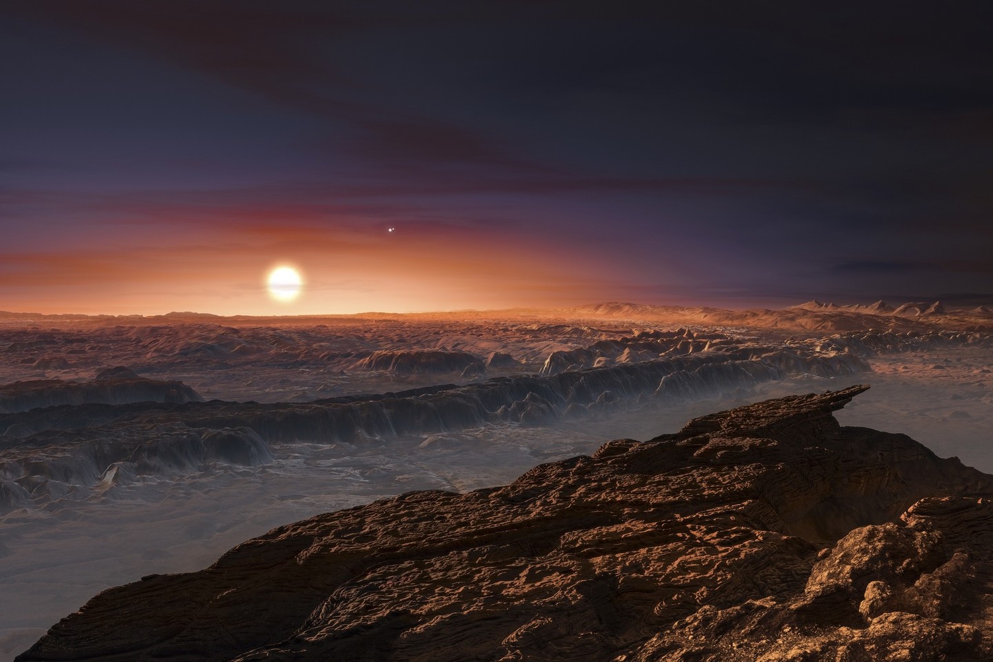 Taip galėtų atrodyti saulėlydis planetoje Proksima b.<br>Reuters/Scanpix nuotr.
