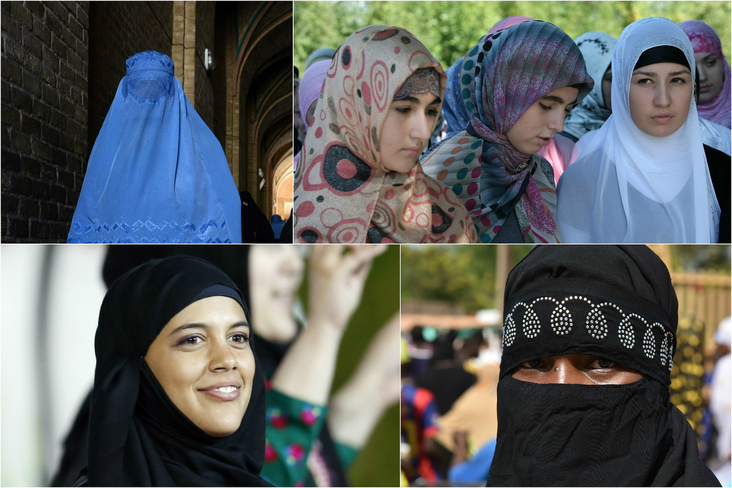 Musulmonių veido apdangalai skiriasi: moterys nešioja burkas (viršuje kairėje, toliau pagal laikrodžio rodyklę), hidžabus, nikabus ir čadras.<br>AFP/“Scanpix“ nuotr.