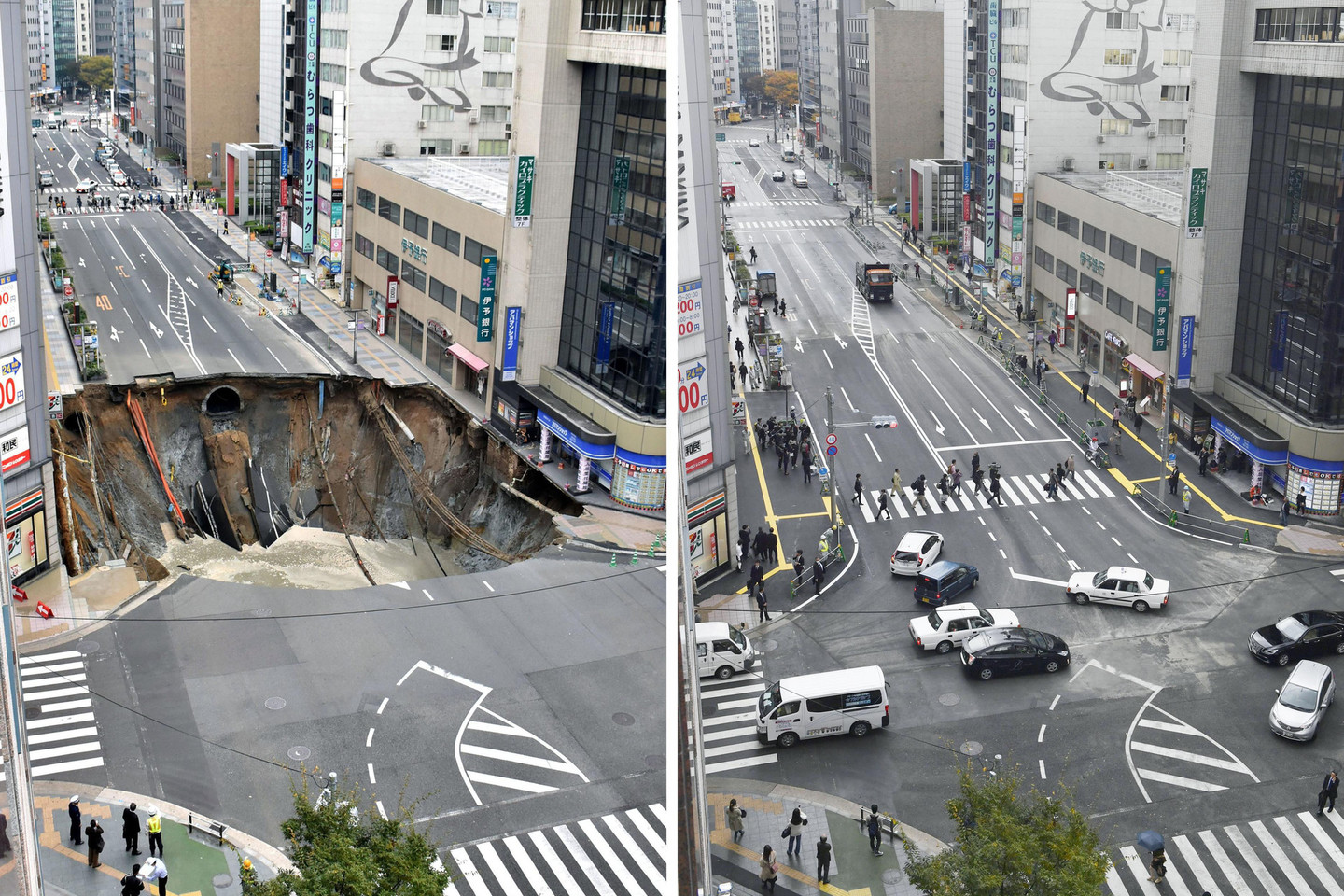 30 metrų pločio įgriuva prarijo didelę dalį vienos Fukuokos miesto gatvės.<br>AP nuotr.