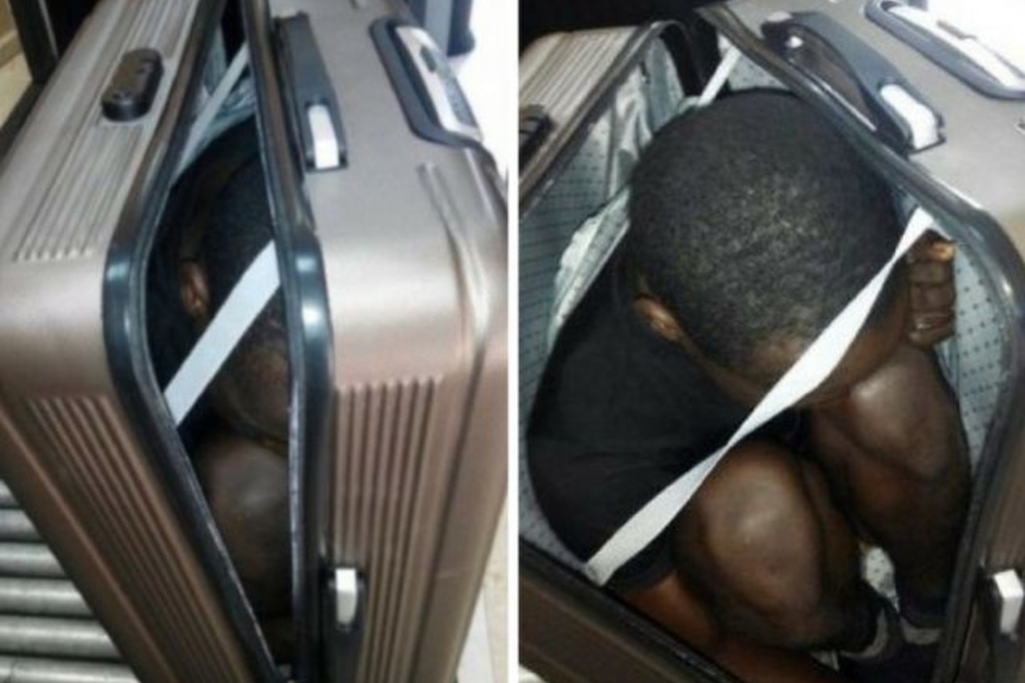 Jaunas afrikietis rastas paslėptas vienos moteriškės lagamine.