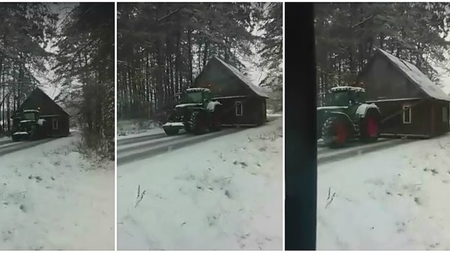 Nufilmavo netikėtą vaizdą: traktorius nusitempia namą