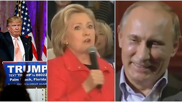 D.Trumpas tyčiojasi: reklamoje – V.Putinas ir lojanti H.Clinton