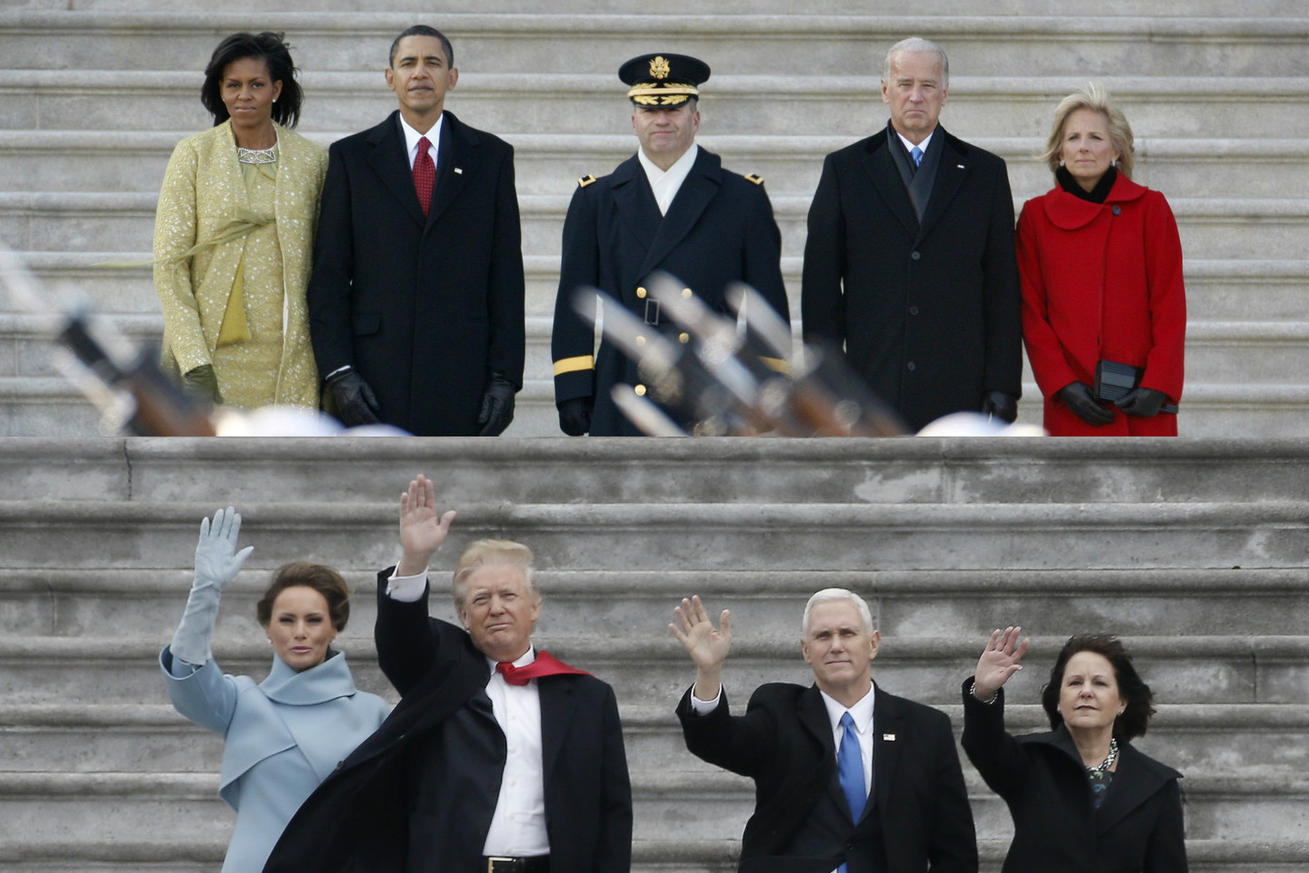 B.Obamos inauguracija 2009 metais (viršuje) ir D.Trumpo inauguracija 2017 metais.<br>lrytas.lt koliažas