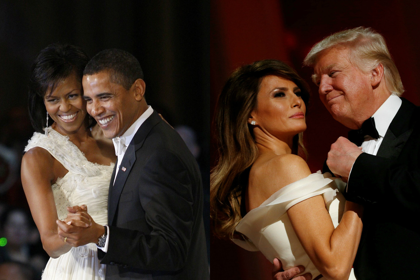 B.Obama su M.Obama šoka 2009 metais (kairėje) ir D.Trumpas su M.Trump šoka 2017 metais.<br>lrytas.lt koliažas