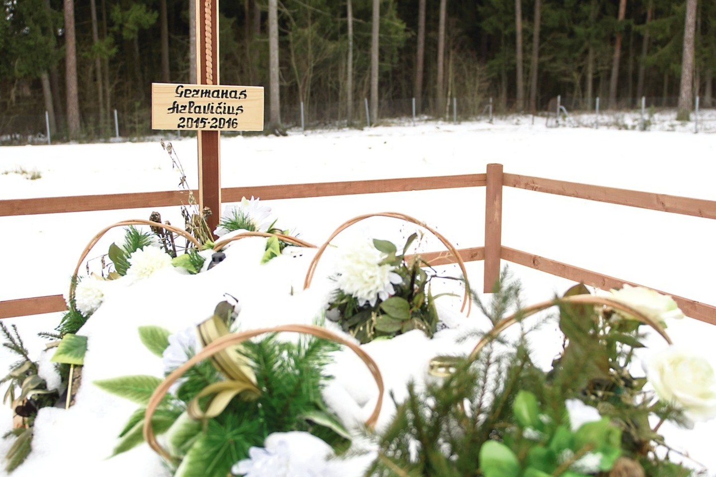 Nuo kapo, kuriame ilsisi vos metų sulaukęs kūdikis, dar nenuimti vainikai.<br>D.Umbraso nuotr.