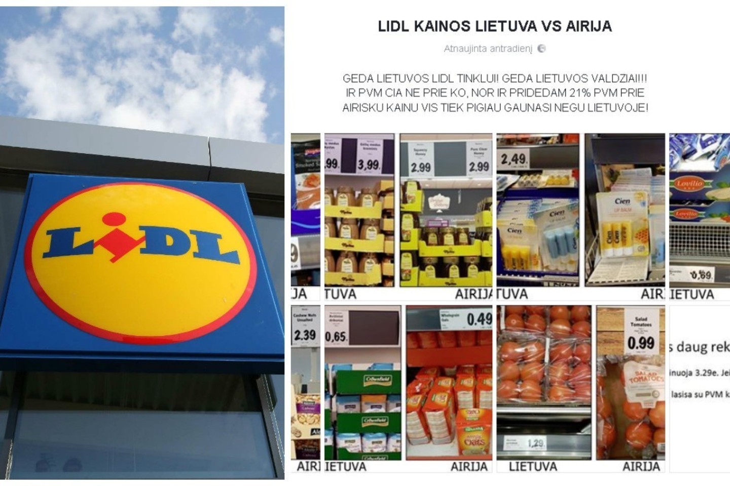 Egidijaus Aleliuno užfiksuotose nuotraukose – maisto prekybos tinklo „Lidl“ Lietuvoje ir Airijoje produktų kainų skirtumai.