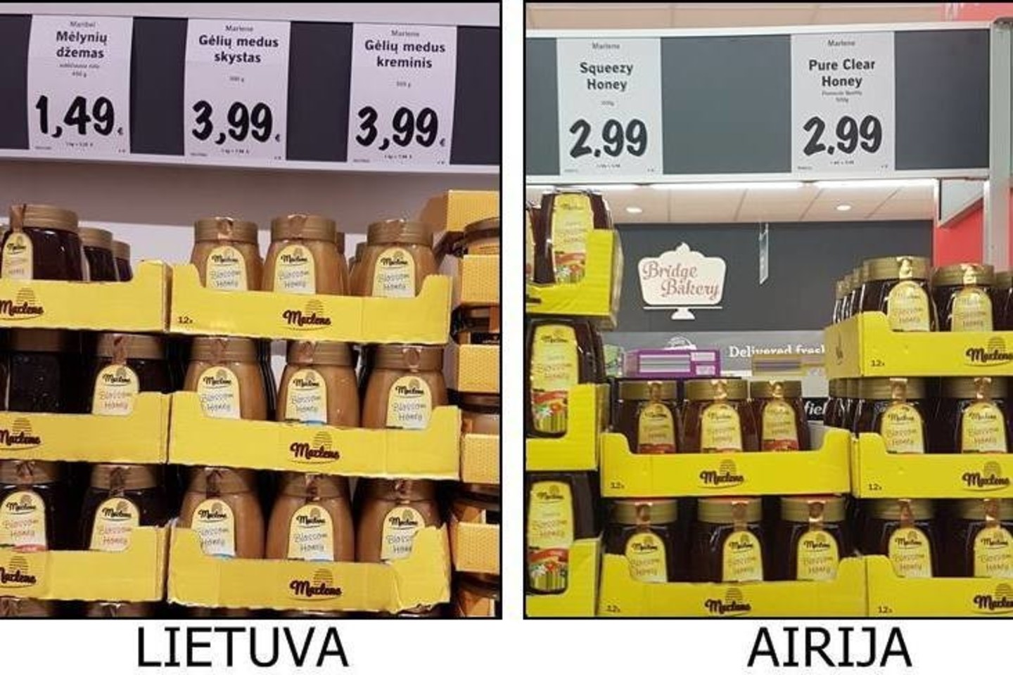 Egidijaus Aleliuno užfiksuotose nuotraukose – maisto prekybos tinklo „Lidl“ Lietuvoje ir Airijoje produktų kainų skirtumai.<br>„Facebook“ nuotr.