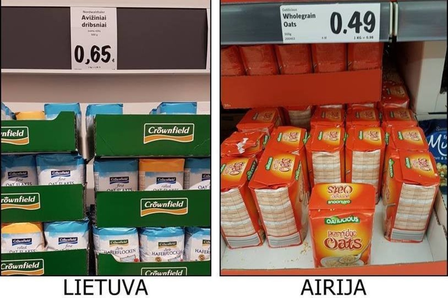 Egidijaus Aleliuno užfiksuotose nuotraukose – maisto prekybos tinklo „Lidl“ Lietuvoje ir Airijoje produktų kainų skirtumai.<br>„Facebook“ nuotr.