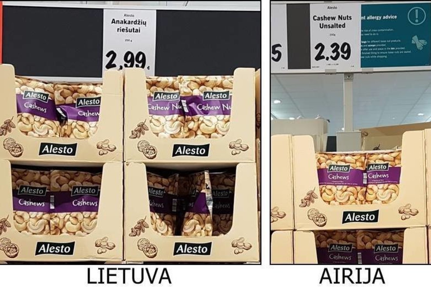 Egidijaus Aleliuno užfiksuotose nuotraukose – maisto prekybos tinklo „Lidl“ Lietuvoje ir Airijoje produktų kainų skirtumai.<br>„Facebook“ nuotr.