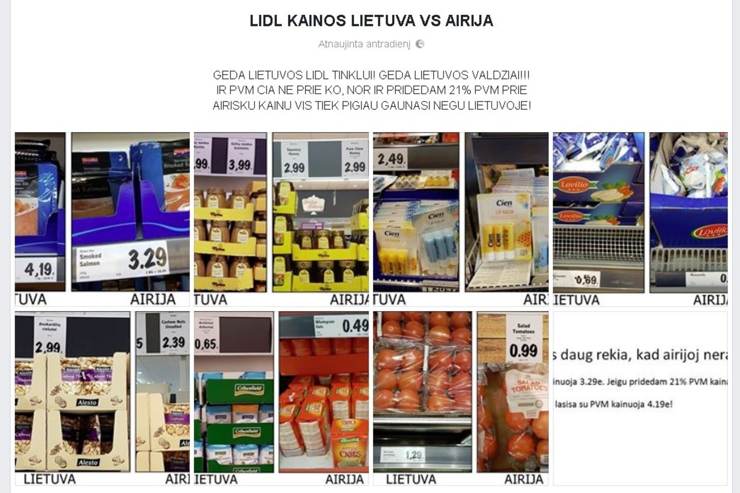 Egidijaus Aleliuno užfiksuotose nuotraukose – maisto prekybos tinklo „Lidl“ Lietuvoje ir Airijoje produktų kainų skirtumai.<br>„Facebook“ nuotr.