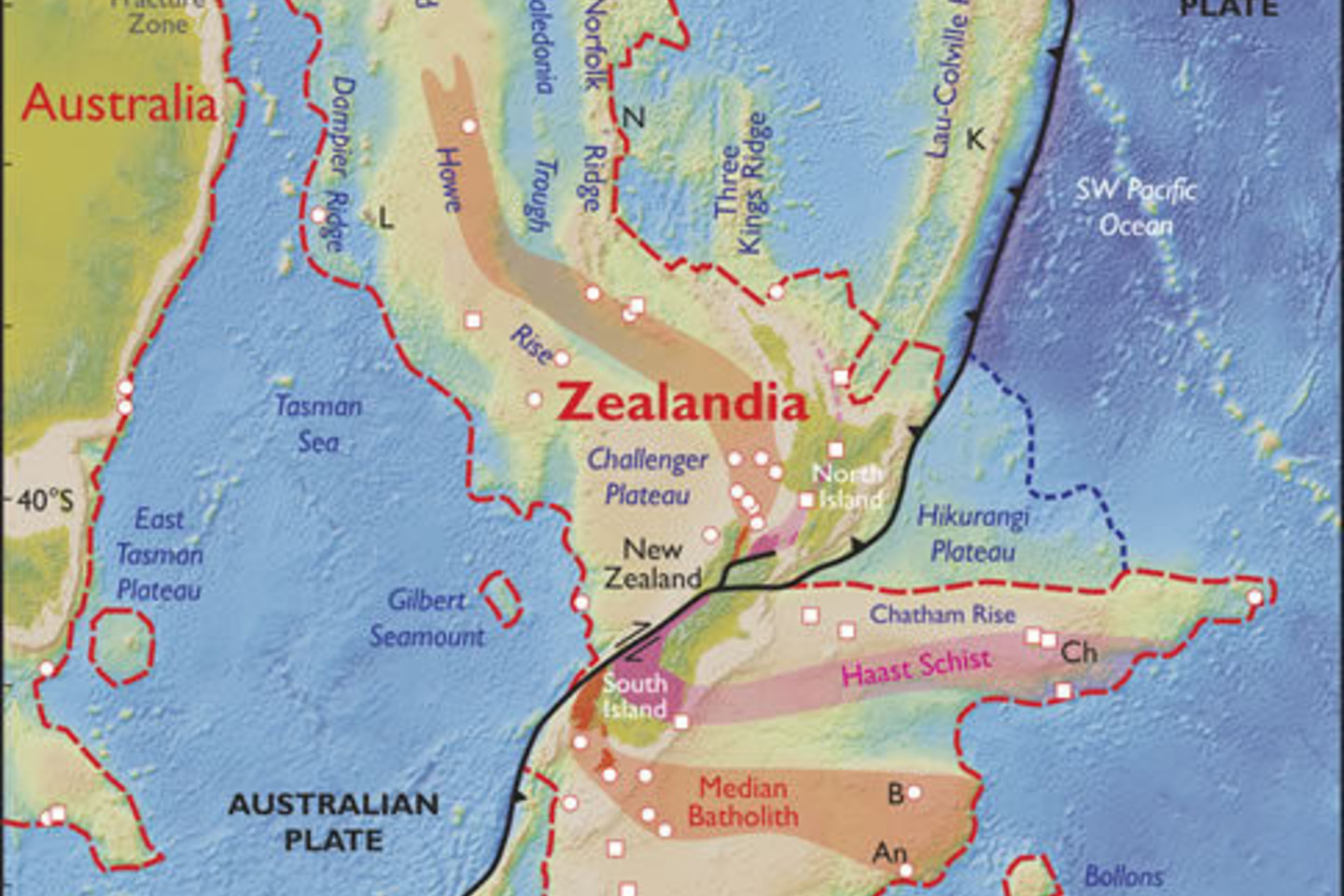 Zelandija, kaip manoma, atsiskyrė nuo Australijos prieš 60–85 mln. metų.<br>Geosociety.org iliustr.