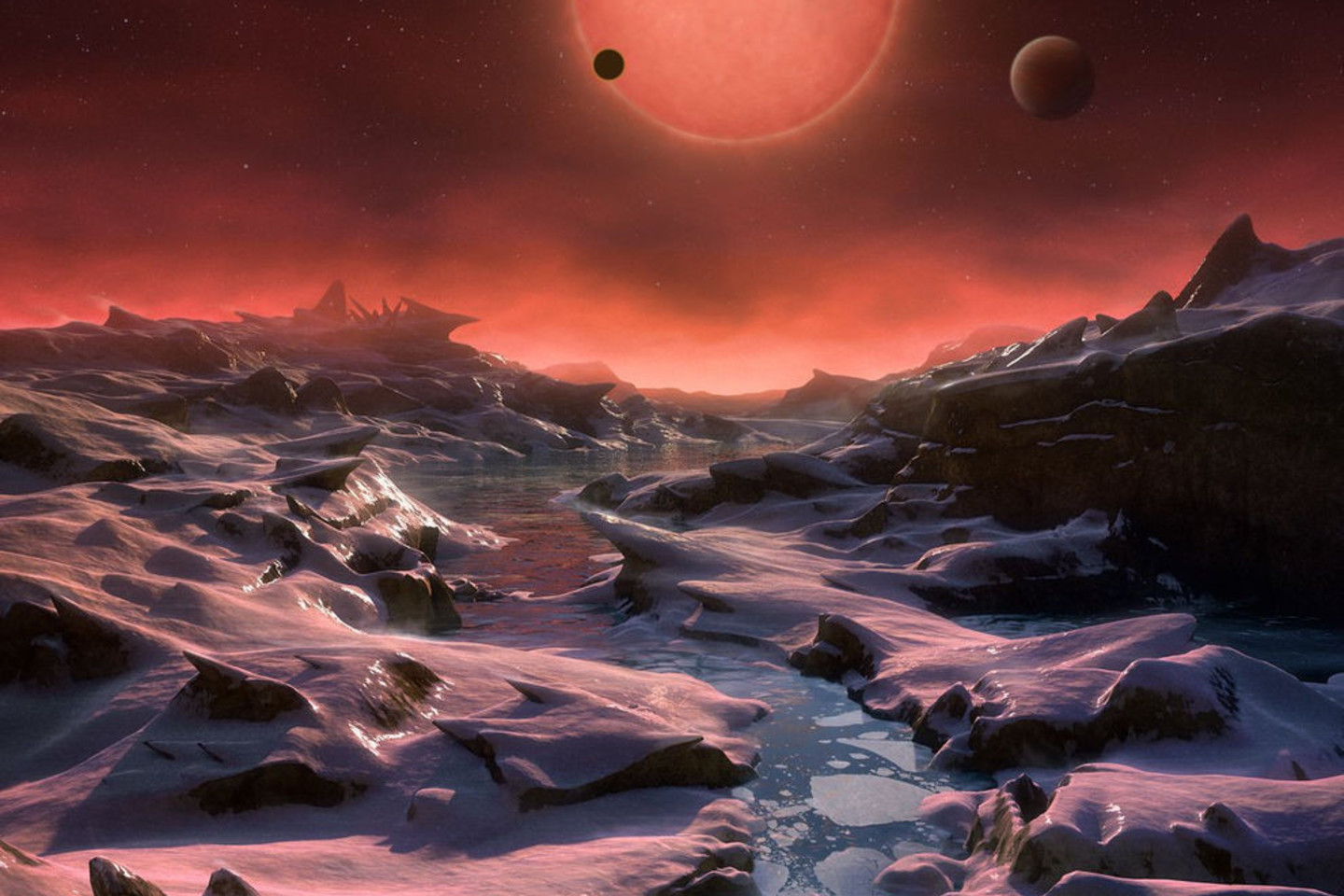 Tokį vaizdą galbūt galima būtų pamatyti vienoje iš TRAPPIST-1 planetų.<br>NASA iliustr.