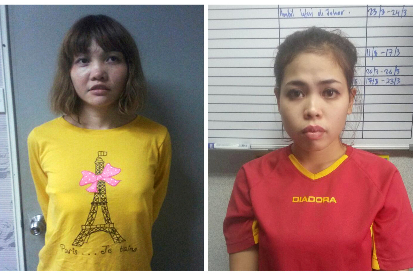 25 metų indonezietė Siti Aisyah ir 28 metų vietnamietė Doan Thi Huong Kvala Lumpūro teisme, kur dėl vasario 13-ąją įvykdyto nužudymo joms buvo pateikti kaltinimai, buvo saugomos daugybės policijos pareigūnų.<br>„Reuters“/“Scanpix“ nuotr.
