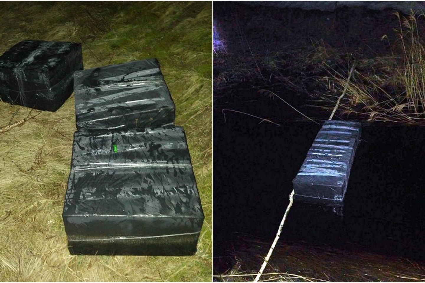 Pasieniečiai upelyje aptiko dėžes su 3 tūkst. pakelių rūkalų.