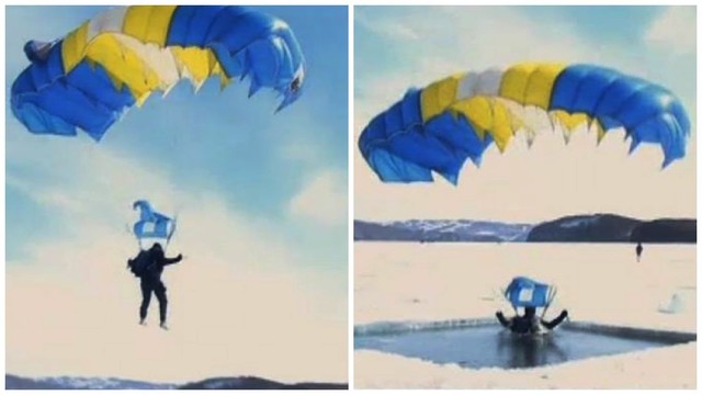 Ekstremalus šuolis: bebaimis parašiutininkas nėrė į ledinę Baikalo eketę