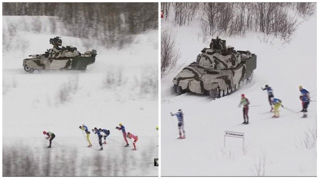 Varžybų metu slidininkus sekė kariškių tankas