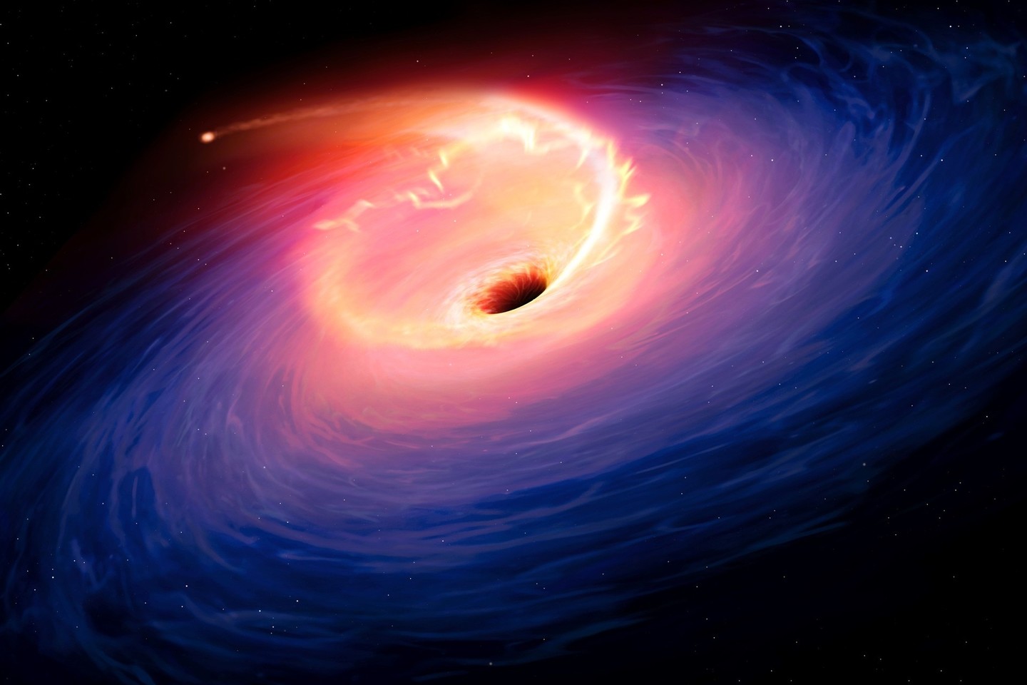 Iš juodosios skylės niekas nesklinda, išskyrus lėtą šiluminės spinduliuotės srautą, žinomą kaip Hawkingo spinduliuotė.<br>AFP/Scanpix nuotr.