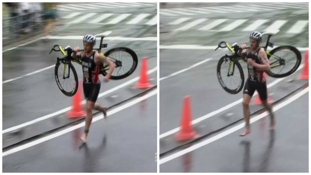 Olimpinis čempionas varžybų finišą kirto basomis kojomis su dviračiu ant pečių